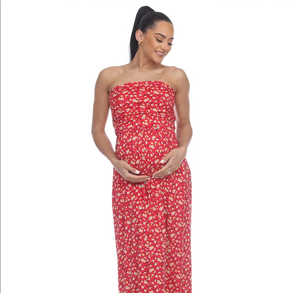RED DITSY FLORAL MAXI MATERNITY SUNDRESS WITH POCKETS SIZE MEDIUM